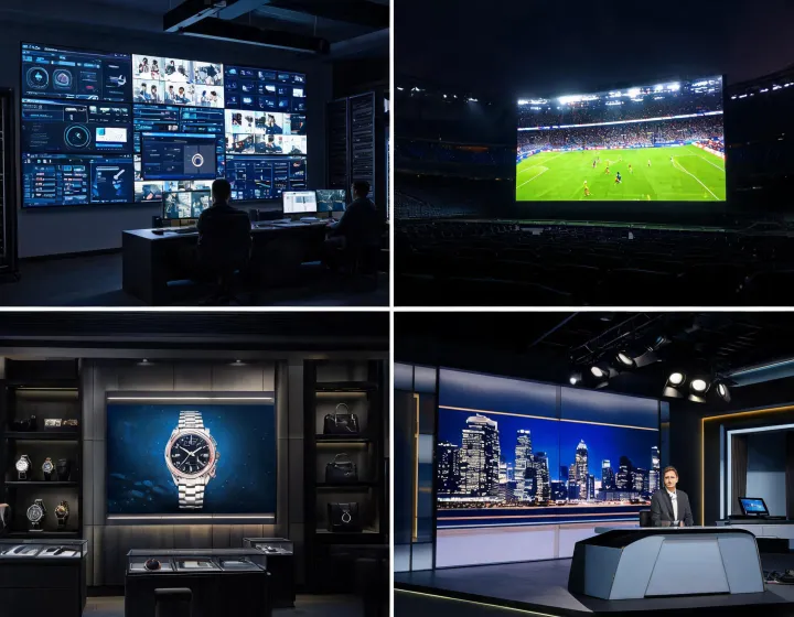 Multiple LED display applications across control room retail stadium and studio