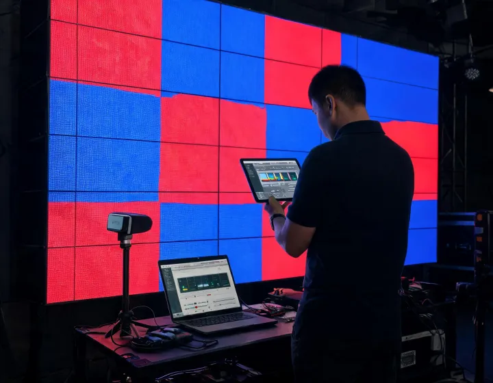 LED display engineer calibrating a video wall